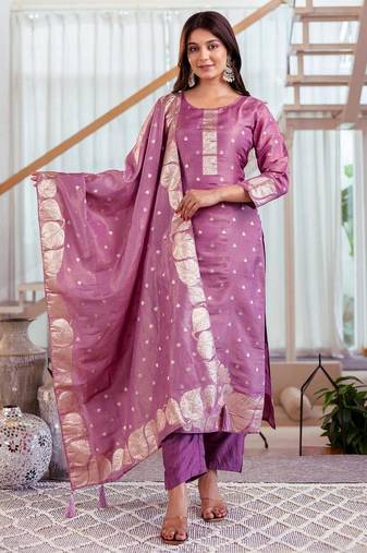 purple jacquard  simmer jacquard straight kurta pant and dupatta set