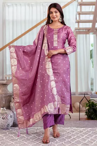 purple jacquard  simmer jacquard straight kurta pant and dupatta set