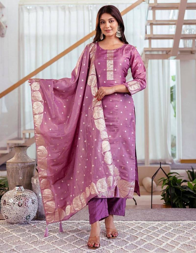 purple jacquard  simmer jacquard straight kurta pant and dupatta set