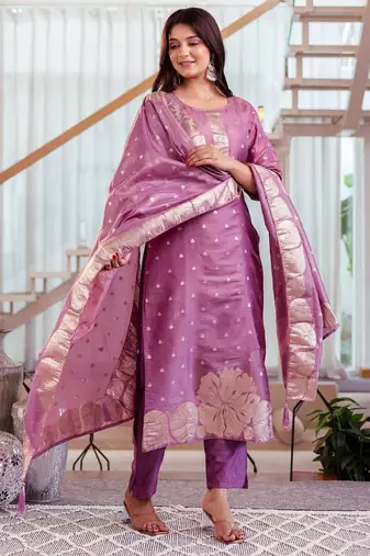 purple jacquard  simmer jacquard straight kurta pant and dupatta set