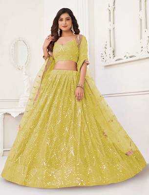 LEMON YELLOW NET SEQUIN EMBROIDERED LEHENGA SET WITH CHOLI AND DUPATTA 1