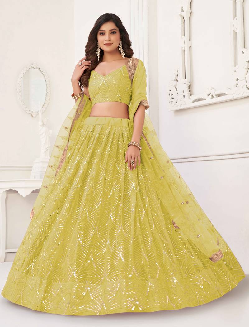LEMON YELLOW NET SEQUIN EMBROIDERED LEHENGA SET WITH CHOLI AND DUPATTA