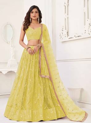 LEMON YELLOW NET SEQUIN EMBROIDERED LEHENGA SET WITH CHOLI AND DUPATTA 2