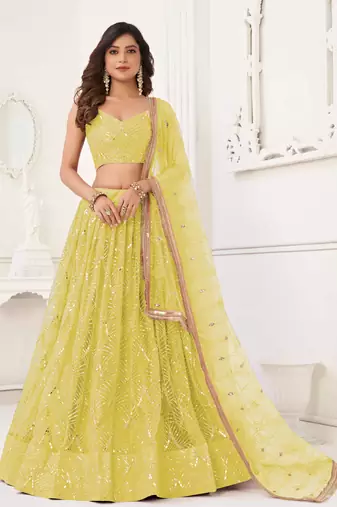 LEMON YELLOW NET SEQUIN EMBROIDERED LEHENGA SET WITH CHOLI AND DUPATTA