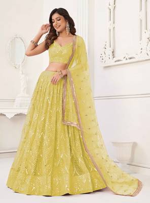 LEMON YELLOW NET SEQUIN EMBROIDERED LEHENGA SET WITH CHOLI AND DUPATTA 3