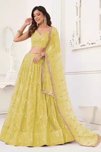 LEMON YELLOW NET SEQUIN EMBROIDERED LEHENGA SET WITH CHOLI AND DUPATTA
