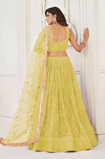 LEMON YELLOW NET SEQUIN EMBROIDERED LEHENGA SET WITH CHOLI AND DUPATTA