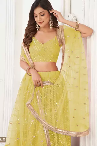 LEMON YELLOW NET SEQUIN EMBROIDERED LEHENGA SET WITH CHOLI AND DUPATTA