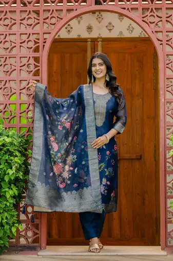 blue printed jacquard organza straight kurta pant and dupatta set