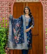 blue printed jacquard organza straight kurta pant and dupatta set