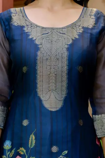 blue printed jacquard organza straight kurta pant and dupatta set