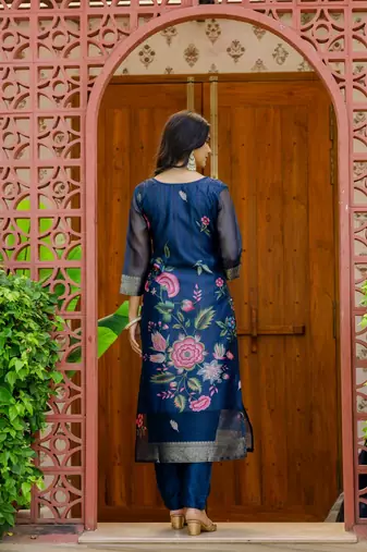 blue printed jacquard organza straight kurta pant and dupatta set