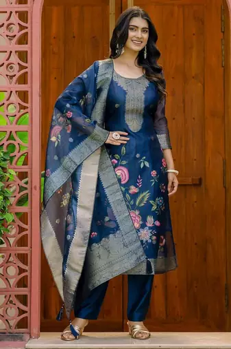 blue printed jacquard organza straight kurta pant and dupatta set