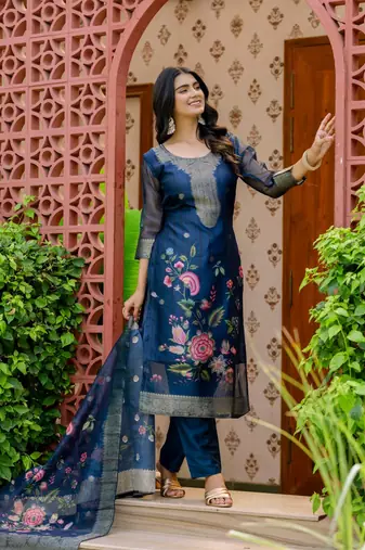 blue printed jacquard organza straight kurta pant and dupatta set