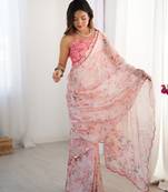 Women's pink chinon digital printed designer saree with blouse
