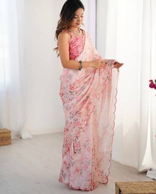 Women's pink chinon digital printed designer saree with blouse 2