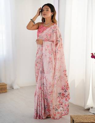 Women's pink chinon digital printed designer saree with blouse 3