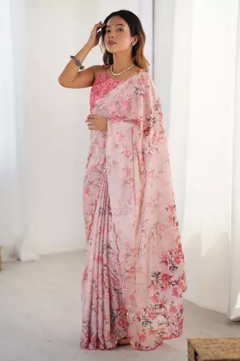 Women's pink chinon digital printed designer saree with blouse
