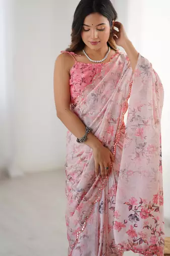 Women's pink chinon digital printed designer saree with blouse