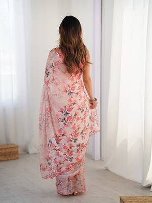 Women's pink chinon digital printed designer saree with blouse 5