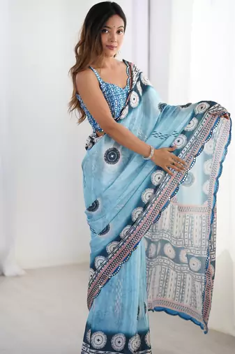 Women's sky blue chinon digital printed designer saree with blouse