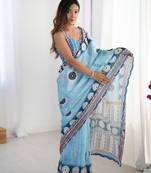 Women's sky blue chinon digital printed designer saree with blouse