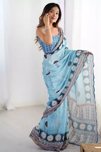 Women's sky blue chinon digital printed designer saree with blouse