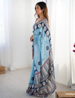 Women's sky blue chinon digital printed designer saree with blouse 3