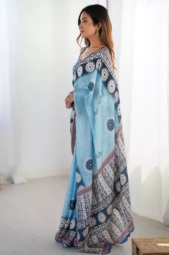 Women's sky blue chinon digital printed designer saree with blouse