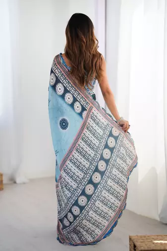 Women's sky blue chinon digital printed designer saree with blouse
