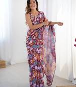 Women's multicolor chinon digital printed designer saree with blouse