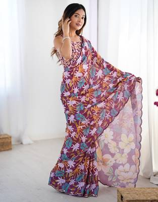 Women's multicolor chinon digital printed designer saree with blouse 2