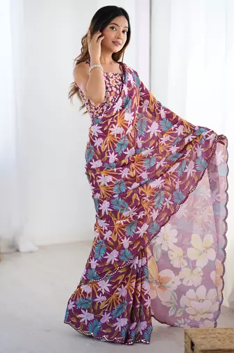 Women's multicolor chinon digital printed designer saree with blouse