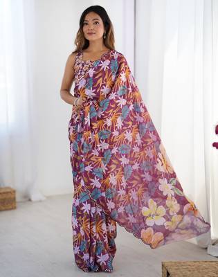 Women's multicolor chinon digital printed designer saree with blouse 3