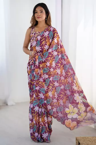 Women's multicolor chinon digital printed designer saree with blouse