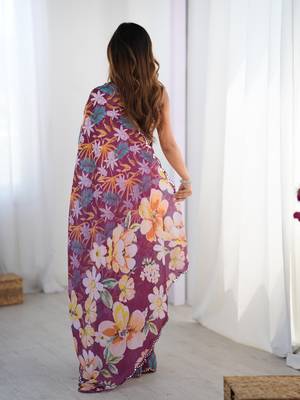 Women's multicolor chinon digital printed designer saree with blouse 5