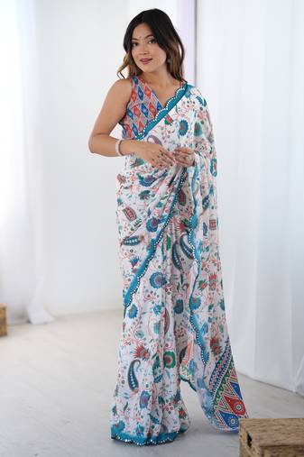Women's multicolor chinon digital printed designer saree with blouse