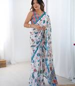 Women's multicolor chinon digital printed designer saree with blouse