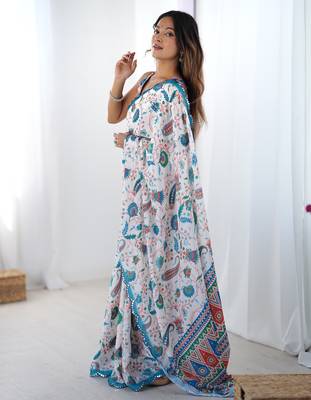 Women's multicolor chinon digital printed designer saree with blouse 3