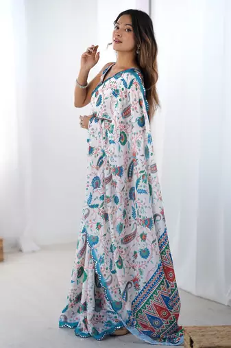 Women's multicolor chinon digital printed designer saree with blouse