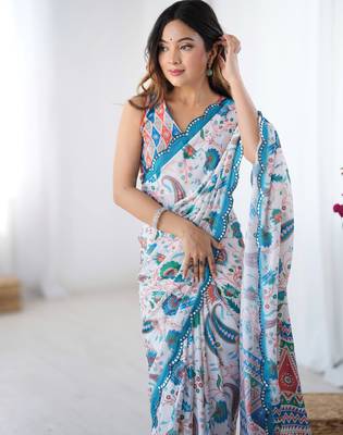 Women's multicolor chinon digital printed designer saree with blouse 4