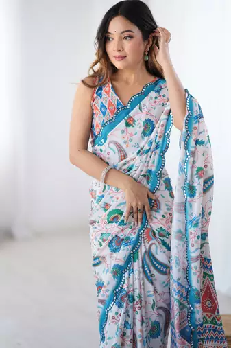 Women's multicolor chinon digital printed designer saree with blouse