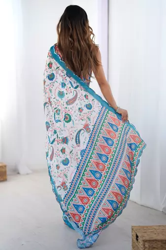 Women's multicolor chinon digital printed designer saree with blouse