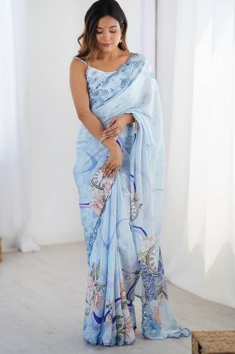 Women's sky blue chinon digital printed designer saree with blouse