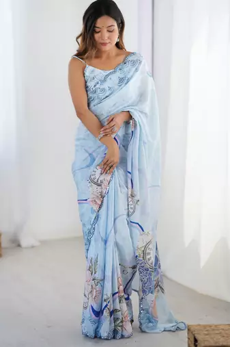 Women's sky blue chinon digital printed designer saree with blouse