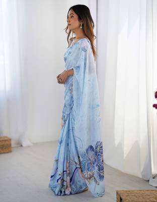 Women's sky blue chinon digital printed designer saree with blouse 3