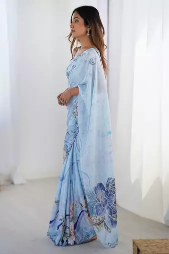 Women's sky blue chinon digital printed designer saree with blouse