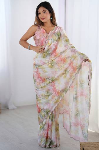 Women's multicolor chinon digital printed designer saree with blouse