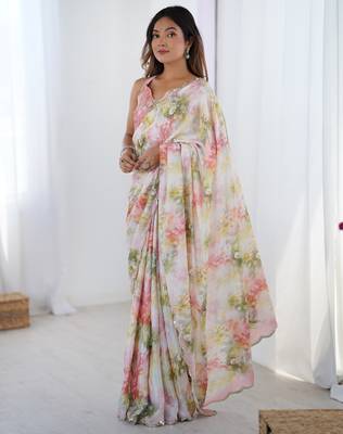 Women's multicolor chinon digital printed designer saree with blouse 3