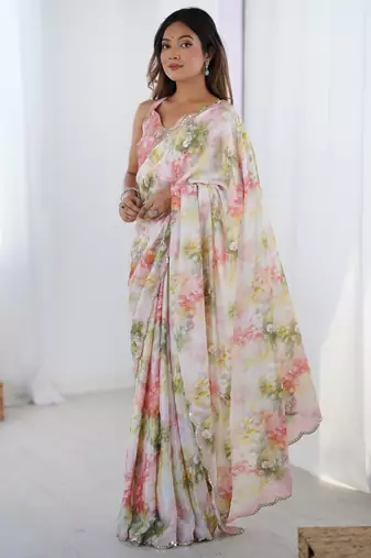 Women's multicolor chinon digital printed designer saree with blouse
